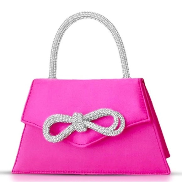 Hot Pink & Silver Clutch w/Rhinestone Bow w/Detachable Crossbody Chain, NWT - Picture 1 of 16